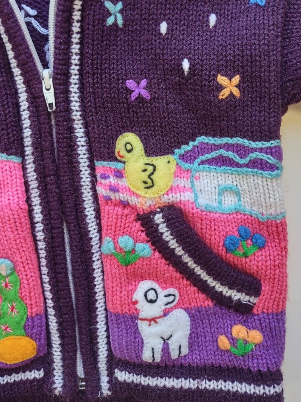 Peruvian Cardigan Sweater Kid Size 2T Full Zip Hood Pockets Purple & Pink - Picture 8 of 8
